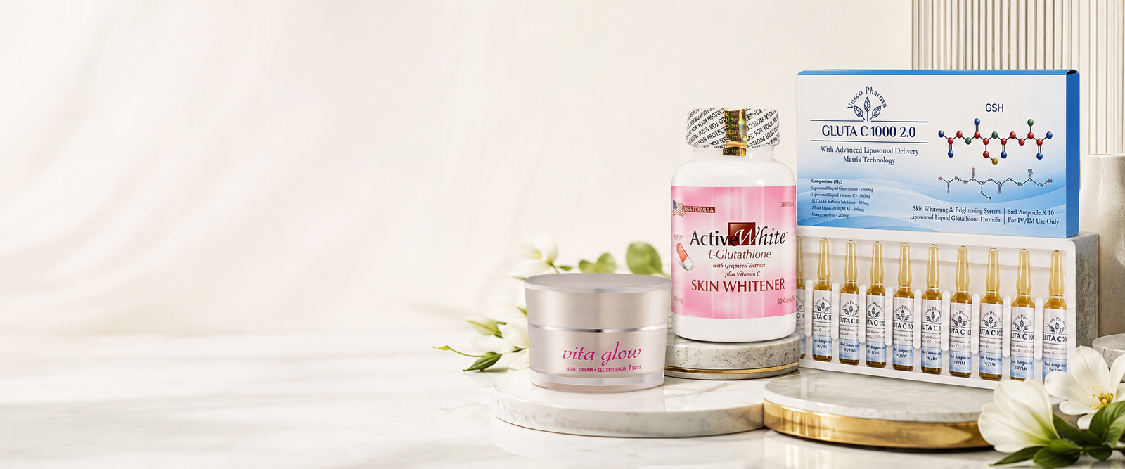 Glutathione products from established beauty and wellness brands