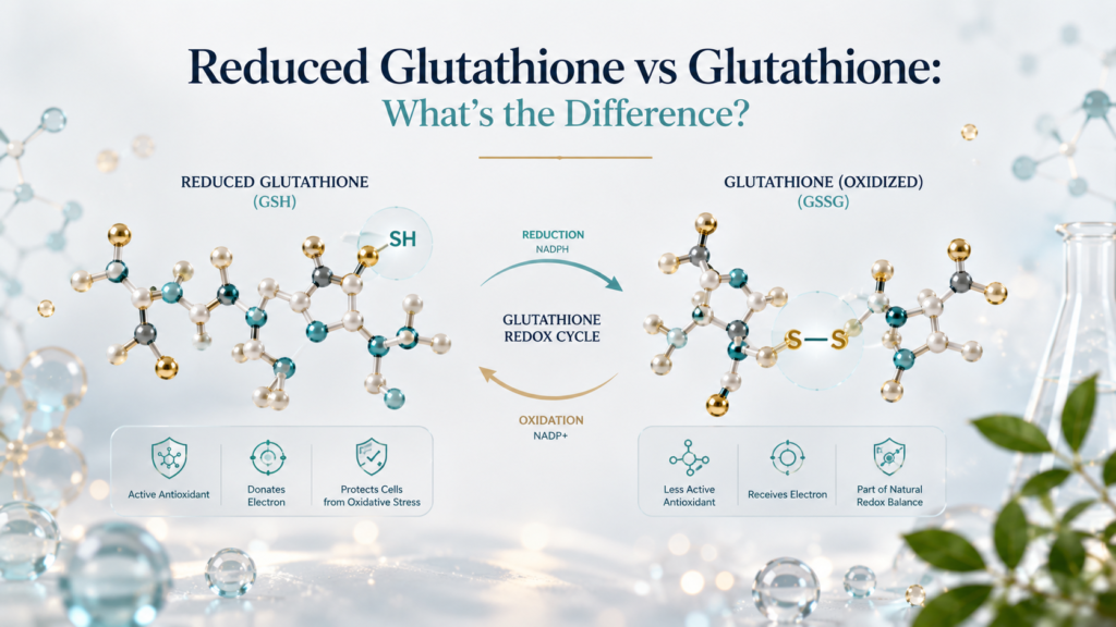 Reduced Glutathione vs Glutathione Key Differences Explained Scientific illustration of reduced and oxidized glutathione