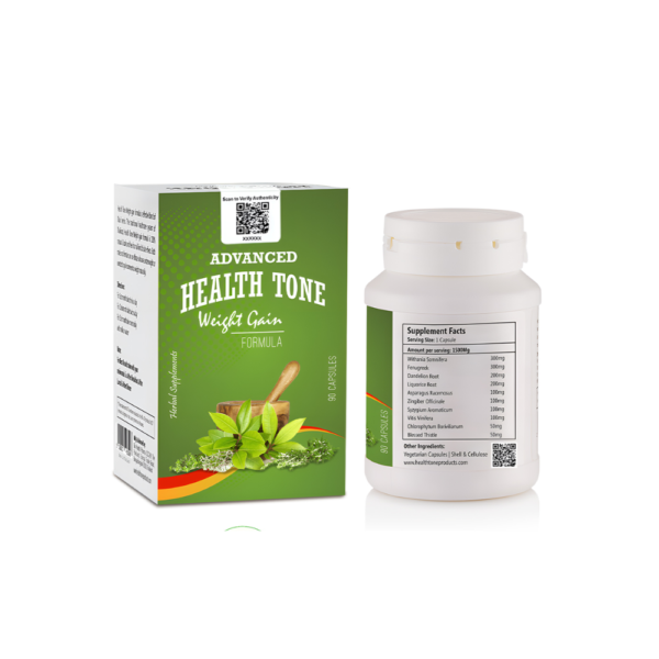Advanced Health Tone Weight Gain Capsules 1500mg side view Advanced Health Tone Weight Gain Capsules box and bottle side view